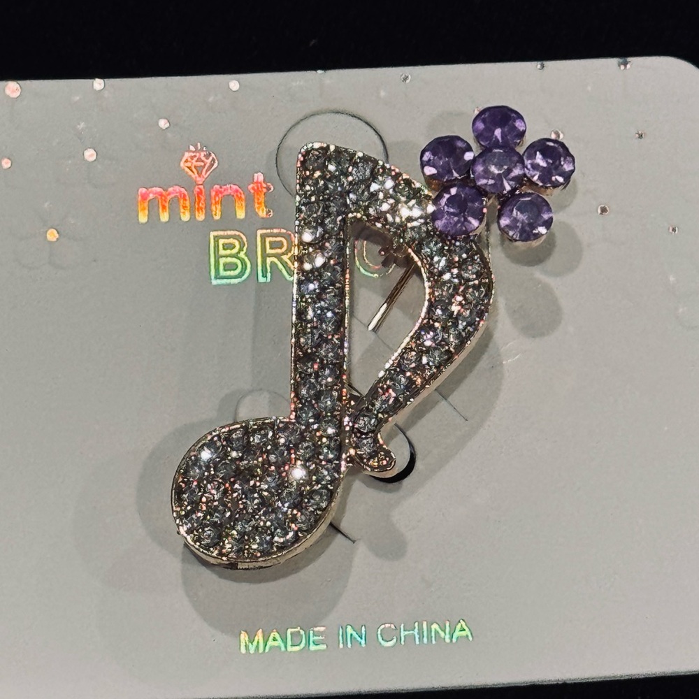 NWT Mint Rhinestone Music Note & Flower Brooch Pin - Picture 3 of 8